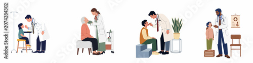 Quadro su tela Flat vector illustration set of diverse doctors performing medical throat examinations on children, teenagers, and elderly patients in clinical settings