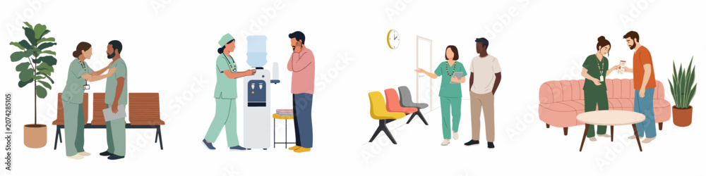 Obraz premium Flat illustration of healthcare professionals interacting with patients and colleagues in various clinic waiting room scenarios, offering support, guidance, and medical care.