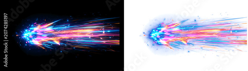 Glowing neon light trails, colorful streaks, motion blur effects, abstract background elements