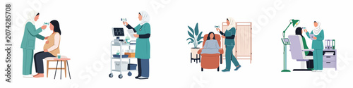 Muslim female nurse in hijab performing medical screenings and taking temperatures of patients in various clinical healthcare settings.