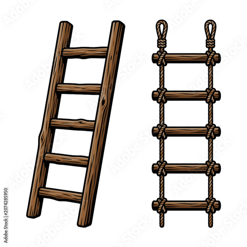Bild auf Leinwand Two rustic wooden ladders are shown on a white background