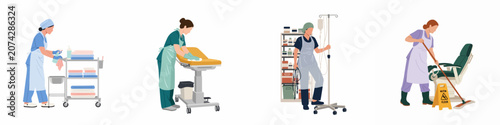 Photos Set of professional hospital cleaning staff illustrations performing sanitization and maintenance tasks in a medical healthcare environment