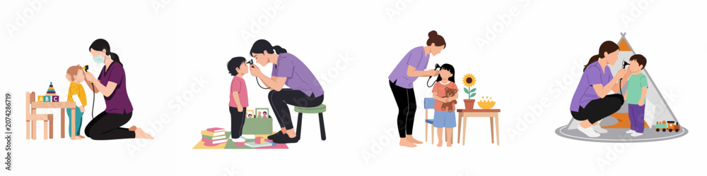 Obraz premium Illustrations of a pediatric nurse using an otoscope to examine children's ears in various play-themed settings, emphasizing medical care for kids.