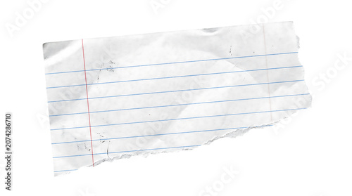 Torn piece of lined paper with blue lines and red margin isolated on transparent background