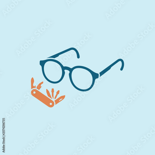 фотографія Minimalist illustration of eyeglasses and a multi-tool pocket knife