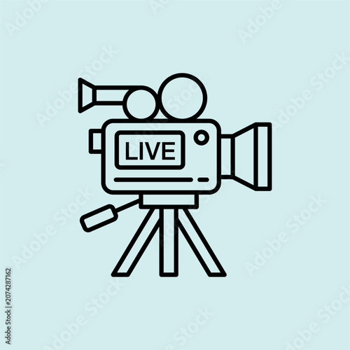 Minimal line icon of a live broadcasting video camera on a tripod.