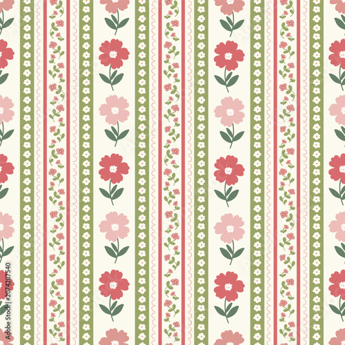 Folk farmhouse cottagecore seamless pattern background with stripes, lines and flowers  for textile, fabric, stationery