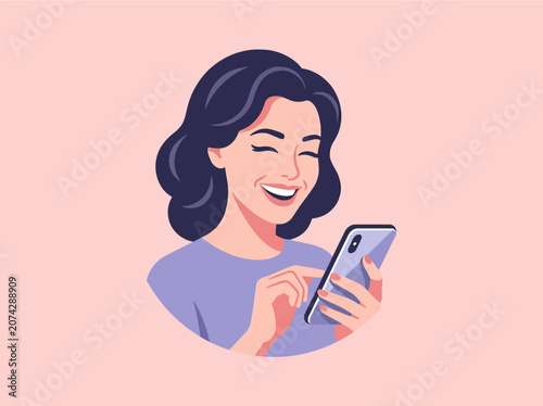 A happy young woman is laughing while using her smartphone
