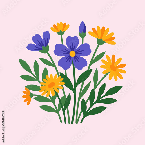 A colorful bouquet of purple and yellow flowers