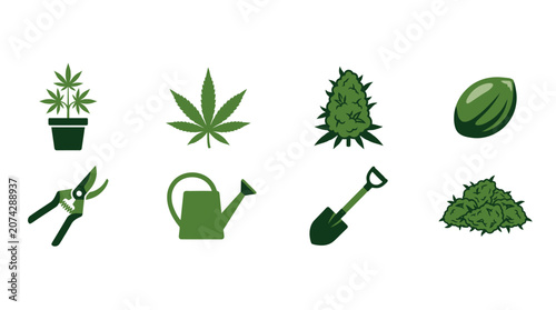 Green cannabis cultivation icons set on a white background