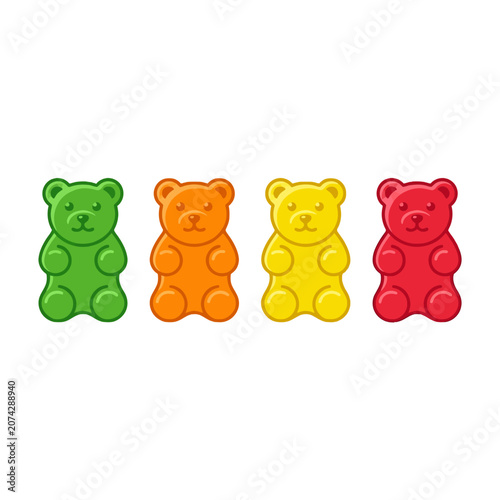 Four colorful gummy bear candies isolated on a white background