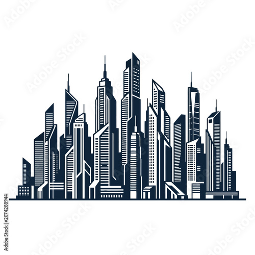 Modern dark blue city skyline silhouette on white background