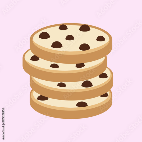 A stack of four chocolate chip cookies on pink background