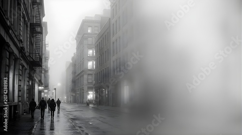 People walking on a rainy city street in thick fog with copy space area