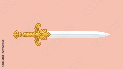 An ornate golden sword rests on a solid pink background