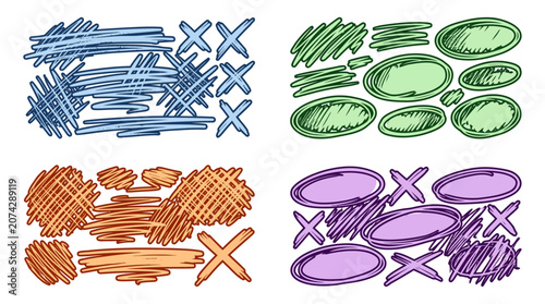 Colorful hand drawn marker scribbles and shapes on white background