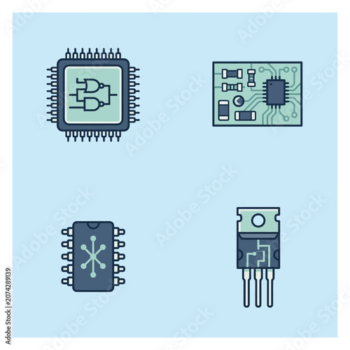 Set of flat vector icons representing electronic microchips