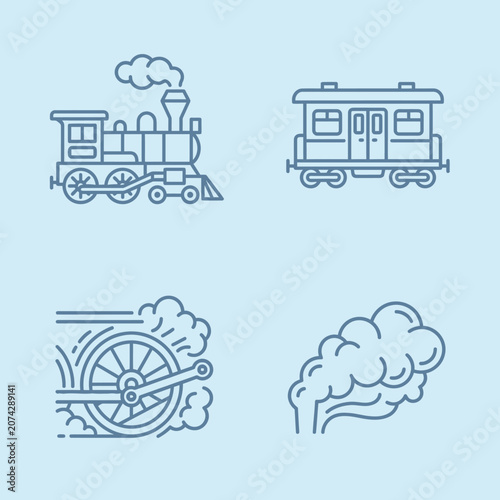 Vintage steam train and locomotive line art icons set