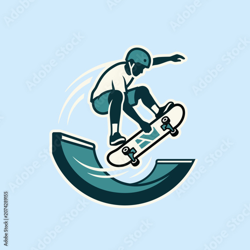 Stylized graphic icon of a skateboarder jumping on a ramp