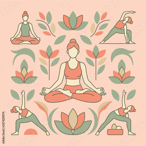 Stylized illustration of women practicing yoga with floral motifs