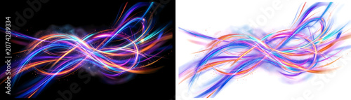 Colorful neon light trails, abstract background elements, glowing lines, motion graphics assets