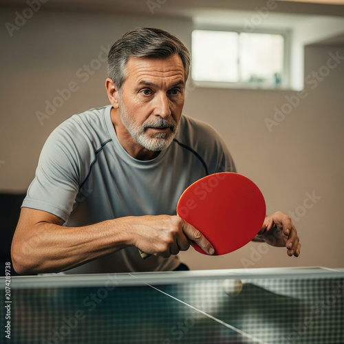 Concentrated Mature Man Playing Table Tennis in a Home Basement Gym, Active Senior Engaging in Healthy Indoor Sport Hobby and Recreation