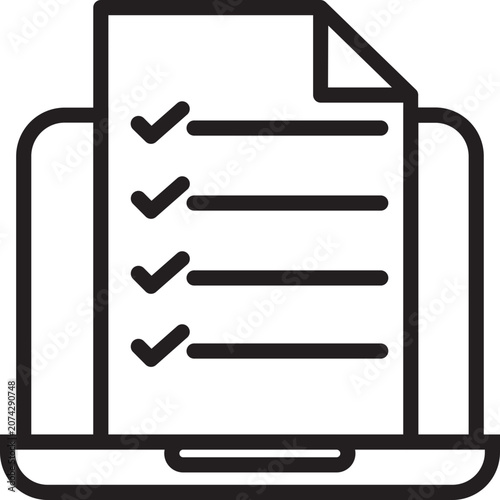Line art laptop icon displaying a document with a completed checklist on its screen.