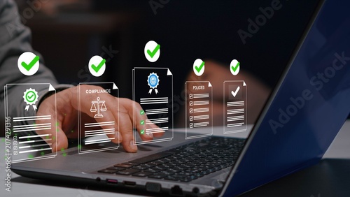 Obraz na płótnie AI compliance certification workflow with enterprise governance automation, digital audit verification, regulatory approval management, intelligent policy validation
