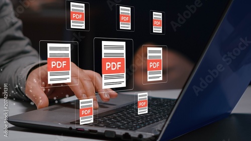 Foto PDF documents representing file sharing, cloud storage, digital workflow, data organization and modern technology use