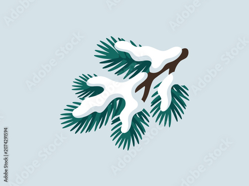 A green pine branch covered in white snow on blue background