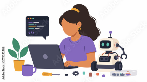Female coder working on laptop with small robot assistant.