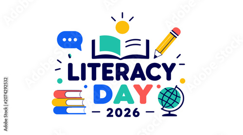 Literacy Day Celebration Featuring Books Globe and Pencil.