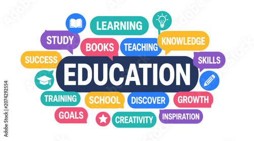 Education main subject with colorful surrounding words emphasizing learning growth.