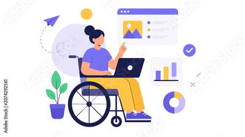 Woman in Wheelchair Working on a Laptop Computer Illustration.