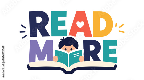 Young reader reading a book in colorful illustrated scene.