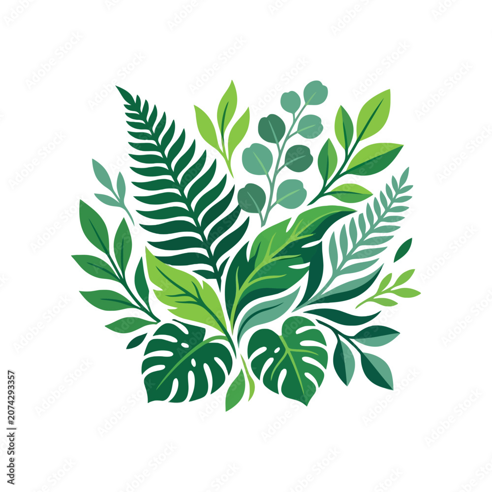 Fototapeta premium Lush green tropical leaves and fern foliage on white background