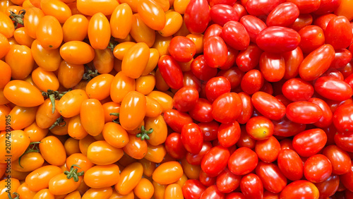Top view of fresh orange and red cherry tomatoes side by side, colorful organic grape tomatoes texture background.