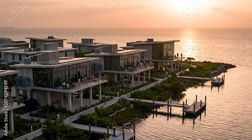 Modern luxury villas on a tropical waterfront at sunset