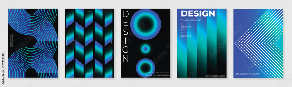 Fototapeta premium Abstract gradient poster background vector set. Modern cover templates with colorful geometric line patterns, fluid color shapes and optical illusion design for social media, banner and wallpaper.