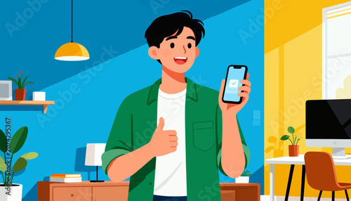 Young man smiles, giving thumbs up