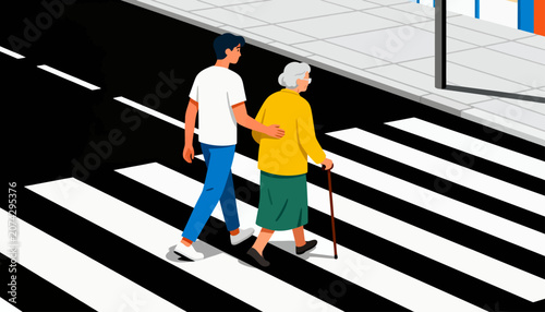 Young man walks beside an elderly woman