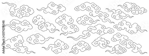 Hand-drawn cloud line drawings isolated on a transparent background, Japanese style art