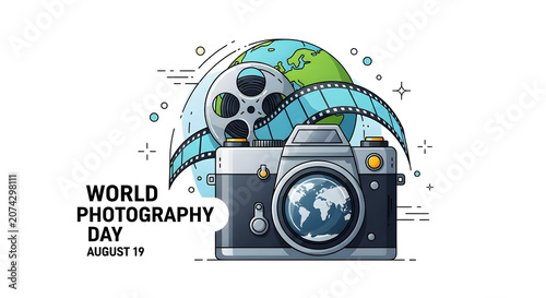 World photography day concept with camera and earth globe illustration, traveler