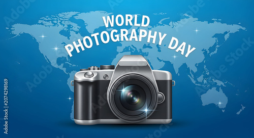 World photography day celebratory concept with camera and world map background