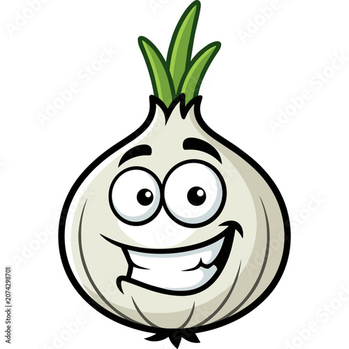 A cartoon onion with a smiling face and green sprouts on top