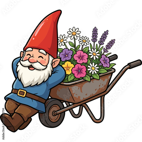 A cheerful garden gnome pushing a wheelbarrow full of colorful flowers through a lush garden outdoors