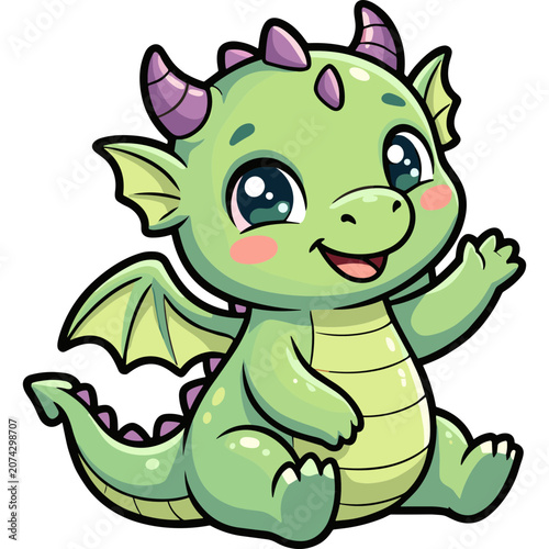 A cute green dragon with purple spikes waves its hand happily outdoors
