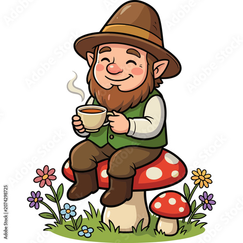 Smiling gnome sitting on mushroom holding cup outdoors in nature with flowers