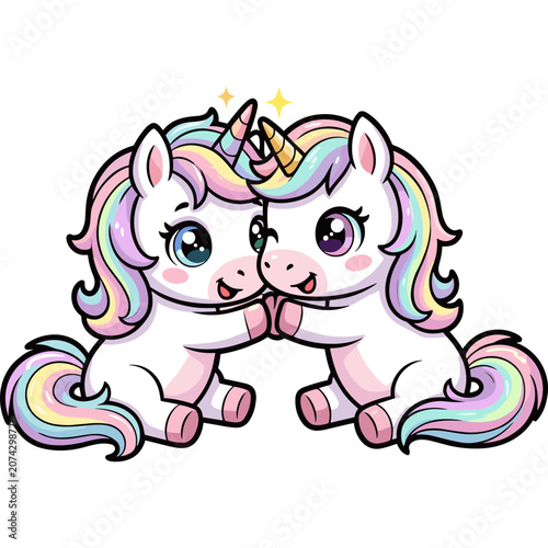Two cute unicorns hug each other with colorful manes indoors
