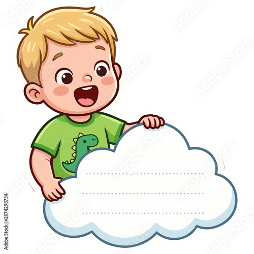 A cartoon boy holds a large cloud with a dinosaur on his shirt